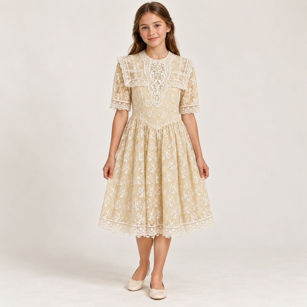 Jessica McClintock Gunne Sax Vintage Girls Cream Lace Flower Girl Dress Bow